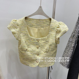 短袖 编织短款 显瘦薄款 小外套方领2024夏季 小香风肌理感上衣潮 飞袖