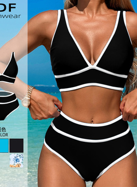 黑色欧美大码微胖性感深V度假风比基尼海边泡温泉高腰分体泳衣女