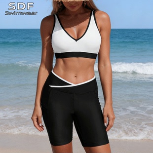 温泉比基尼 平角裤 欧美海边度假风性感V领泳衣女分体式 两件套大码