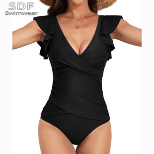 时尚 保守遮肚子连体泳装 荷叶边温泉 女孩泳衣独特漂亮大码 2025新款