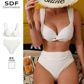 白色微胖mm高腰显瘦分体泳衣性感聚拢辣妹小胸比基尼度假风泡温泉