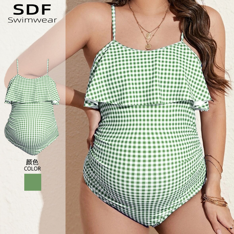 绿色格纹性感遮肚荷叶边连体泳衣