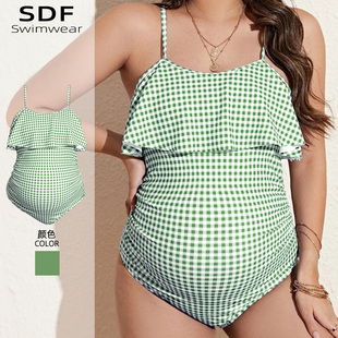 欧美绿格子吊带荷叶边连体孕妇泳衣女专用2024新款 性感复古200斤