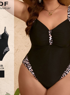 黑色豹纹性感泳衣女款大码胖女孩遮肉显瘦泡温泉连体泳装保守三角