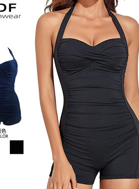 欧美大码微胖mm女孩大胸平角裤连体游泳衣性感遮肉显瘦妈妈中老年