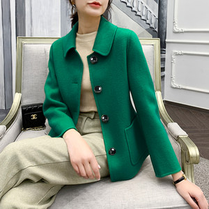 双面羊绒大衣女2021新款小个子绿色羊毛双面呢子短款修身毛呢外套