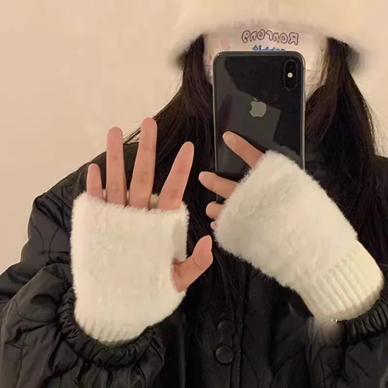 保暖毛线半指手套女冬季毛绒针织护手腕漏指百搭触屏办公写字