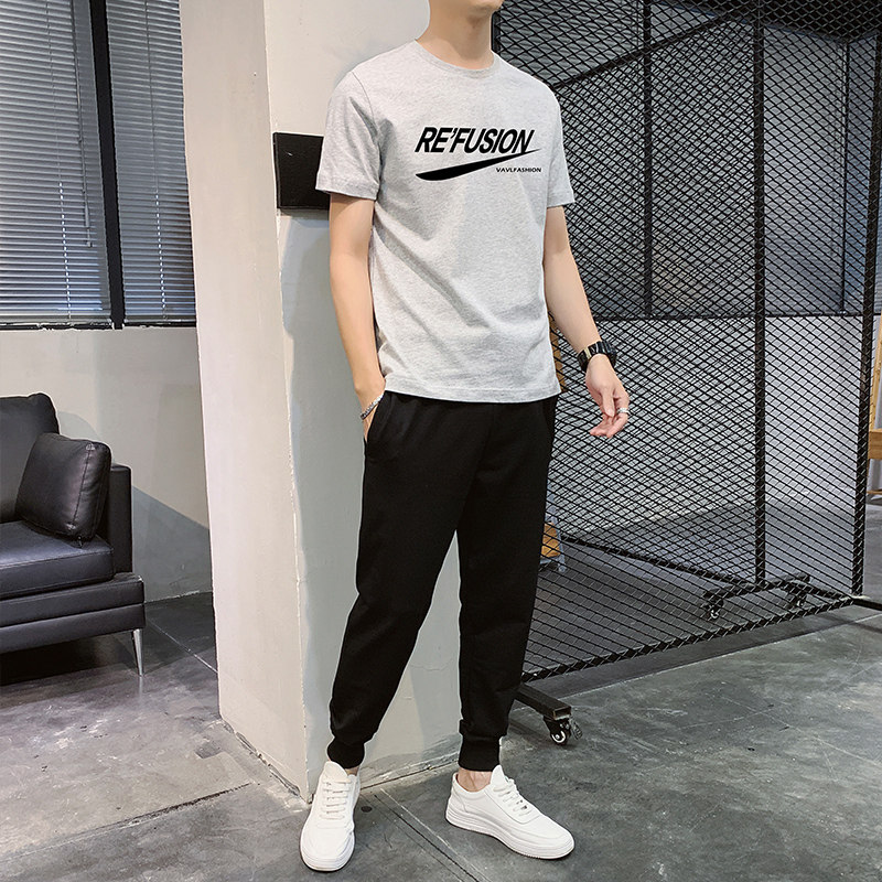 青少年小初中学生卫裤纯棉高品质短袖九分裤男孩运动休闲套装-P60,男装休闲裤,星座211-2