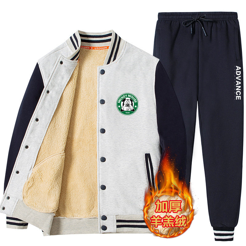 冬季羊羔绒男加绒加厚棒球服卫衣男外套学生套装A163-BYP552-P110图片
