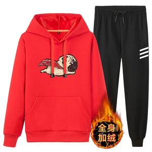 冬季纯棉加绒加厚保暖外套男孩运动服休闲套装青少年学生卫衣P95图片