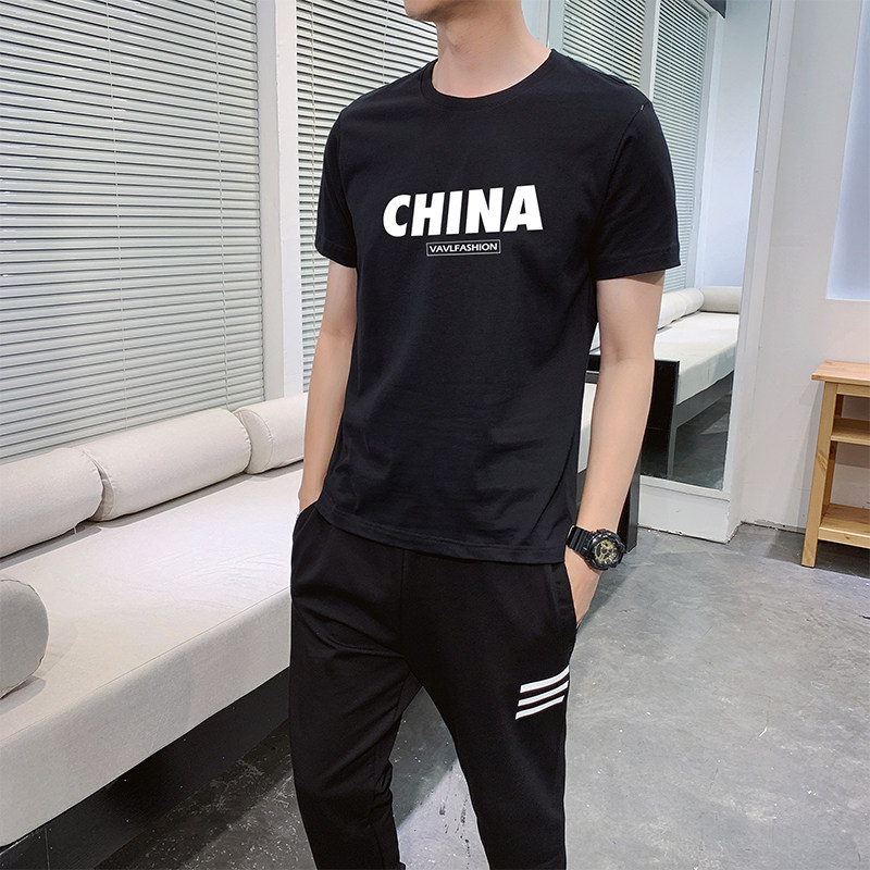 纯棉高品质短袖九分裤男孩运动休闲套装青少年小初中学生卫裤-P60,男装休闲裤,星座211-2