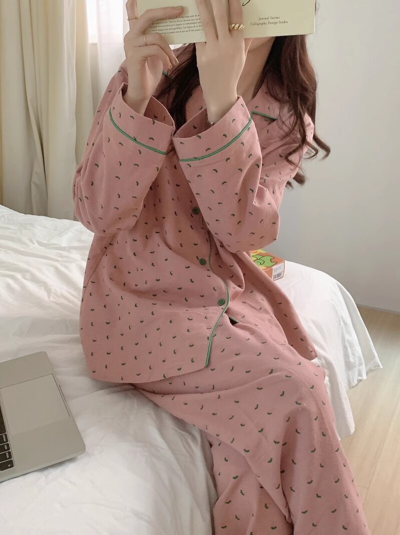 KOREAN INS CUTE LITTLE FRESH FLORAL COTTON PAJAMAS WOMENS AUTUMN AND WINTER BRUSHED COTTON LONG-SLEEVED LOUNGEWEAR CAN BE WORN OUTSIDE