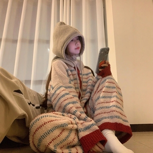 家居服套装 韩系少女软糯半边绒睡衣女款 长裤 2025保暖针织开衫 冬季