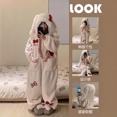 冬天可爱少女卡通珊瑚绒连体睡衣
