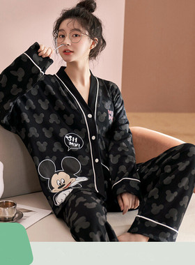 黑色睡衣女春秋季纯棉长袖卡通米奇2023年新款V领小香风家居服冬
