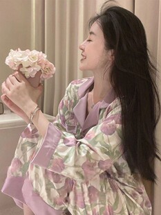 韩版 真丝睡衣女春秋季 长裤 冰雪丝郁金香长袖 高级感家居服春天 新款