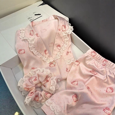 网红蕾丝HelloKitty冰丝睡衣女夏