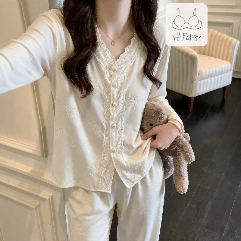 带胸垫睡衣女春秋季高级感长袖蕾丝边莫代尔夏天超火家居服可外穿