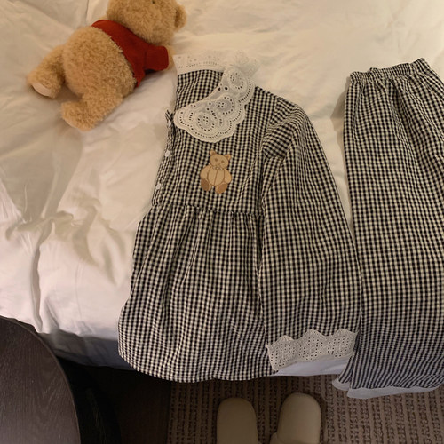 格子蕾丝大码款冬家居服套装秋季