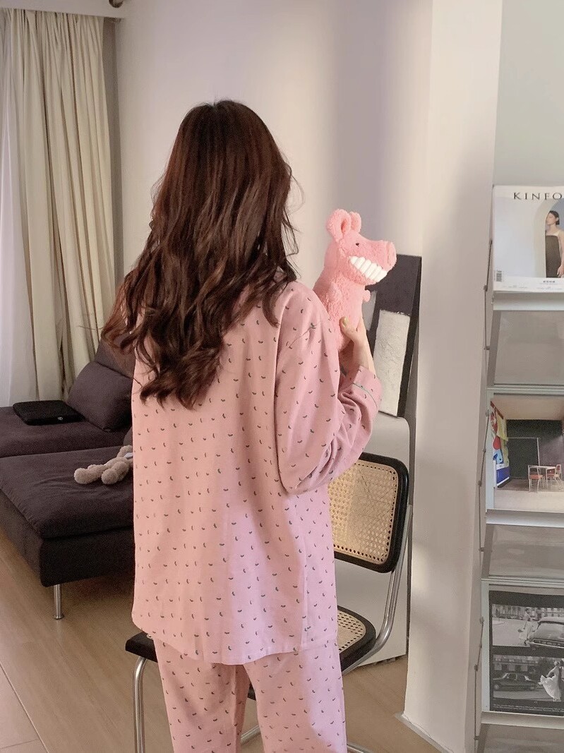 KOREAN INS CUTE LITTLE FRESH FLORAL COTTON PAJAMAS WOMENS AUTUMN AND WINTER BRUSHED COTTON LONG-SLEEVED LOUNGEWEAR CAN BE WORN OUTSIDE