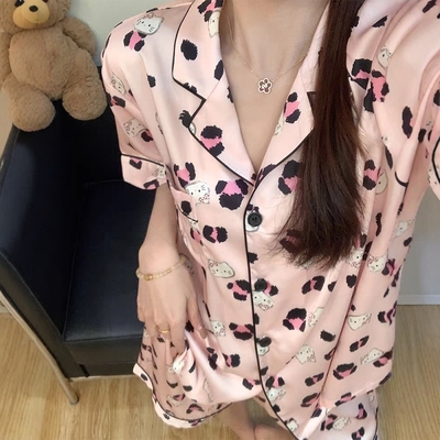 豹纹HelloKitty夏薄款冰丝睡衣女