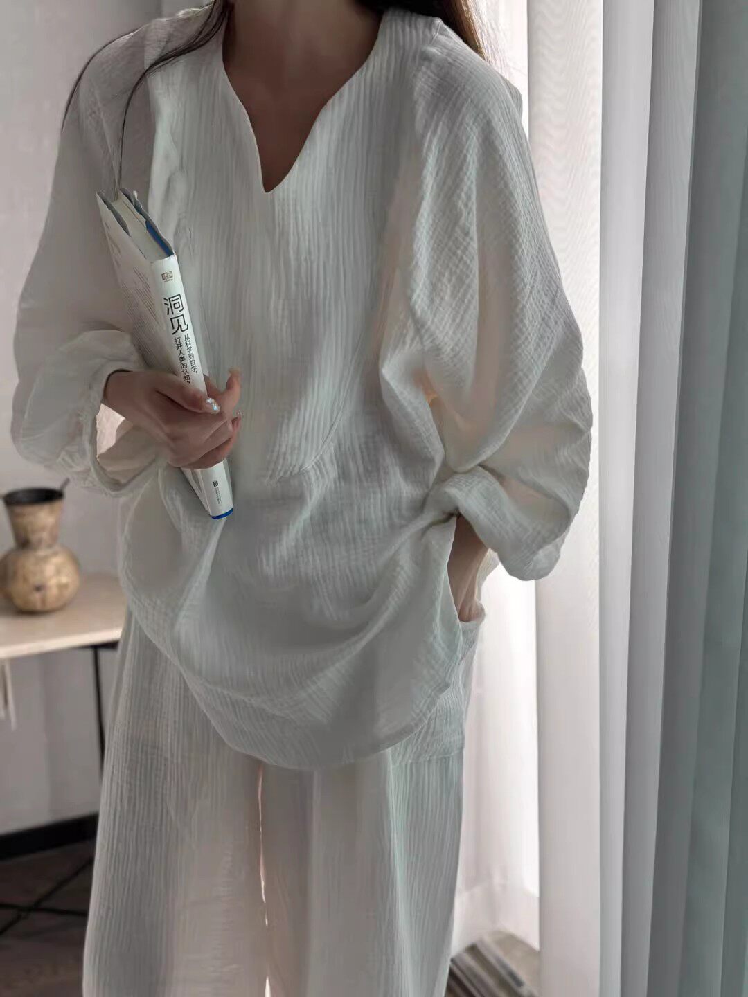 KOREAN LAZY STYLE SKIN-FRIENDLY LONG-SLEEVED COTTON PAJAMAS WOMENS SPRING AND AUTUMN COTTON GAUZE TROUSERS SOLID COLOR LOUNGEWEAR PLUS-SIZE SET