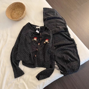 甜美小红帽波点德绒睡衣女秋冬新款软糯吊带开衫长裤家居服三件套