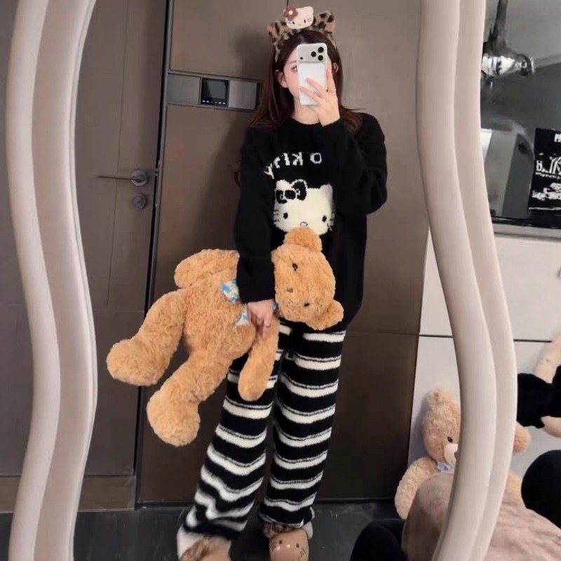 黑色Kitty卡通条纹半边绒睡衣女秋冬款加绒加厚珊瑚绒家居服套装,女士内衣/男士内衣/家居服,睡衣/家居服套装,淘宝优惠券,粉丝福利购,淘宝优惠卷