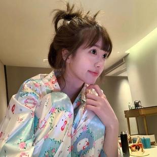 睡衣女款 2024新款 春夏季 女士冰丝仿真丝kitty可爱卡通家居服套装