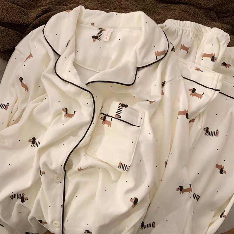 日系ins小狗德绒睡衣女秋冬卡通