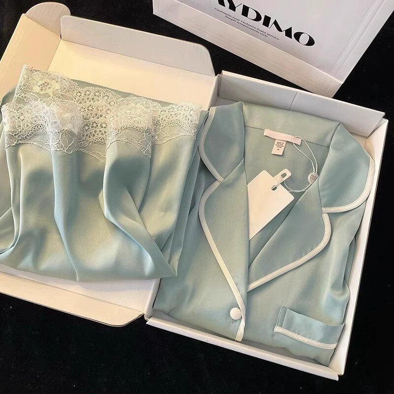 PAJAMAS WOMENS SUMMER ICE SILK LONG-SLEEVED THIN SPRING AUTUMN AND SUMMER HIGH-END INTERNET CELEBRITY STYLE PLUS-SIZE LOUNGEWEAR CAN BE WORN OUTSIDE