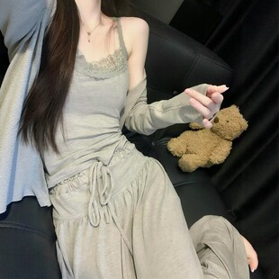 睡衣女款春秋季莫代尔棉长袖2026新款高级感吊带胸垫三件套家居服