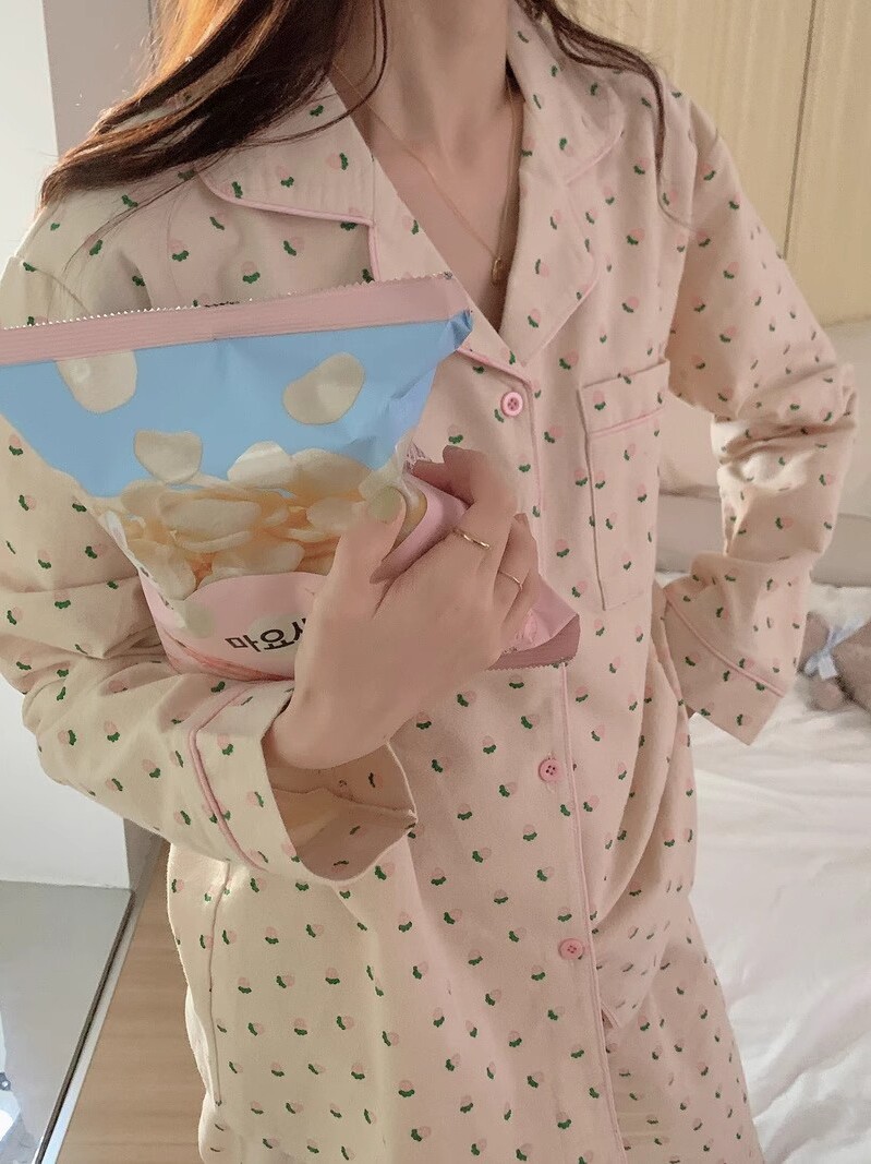 KOREAN INS CUTE LITTLE FRESH FLORAL COTTON PAJAMAS WOMENS AUTUMN AND WINTER BRUSHED COTTON LONG-SLEEVED LOUNGEWEAR CAN BE WORN OUTSIDE