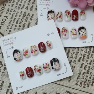 妙甲生花日式美甲 手工成品穿戴甲 手绘胖贵妃和荔枝 定制假指甲