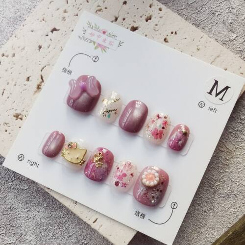妙甲生花手工穿戴甲粉紫色晕染款