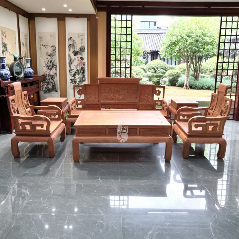红木家具缅甸花梨木雕花山水卷书沙发客厅实木沙发正宗大果紫檀