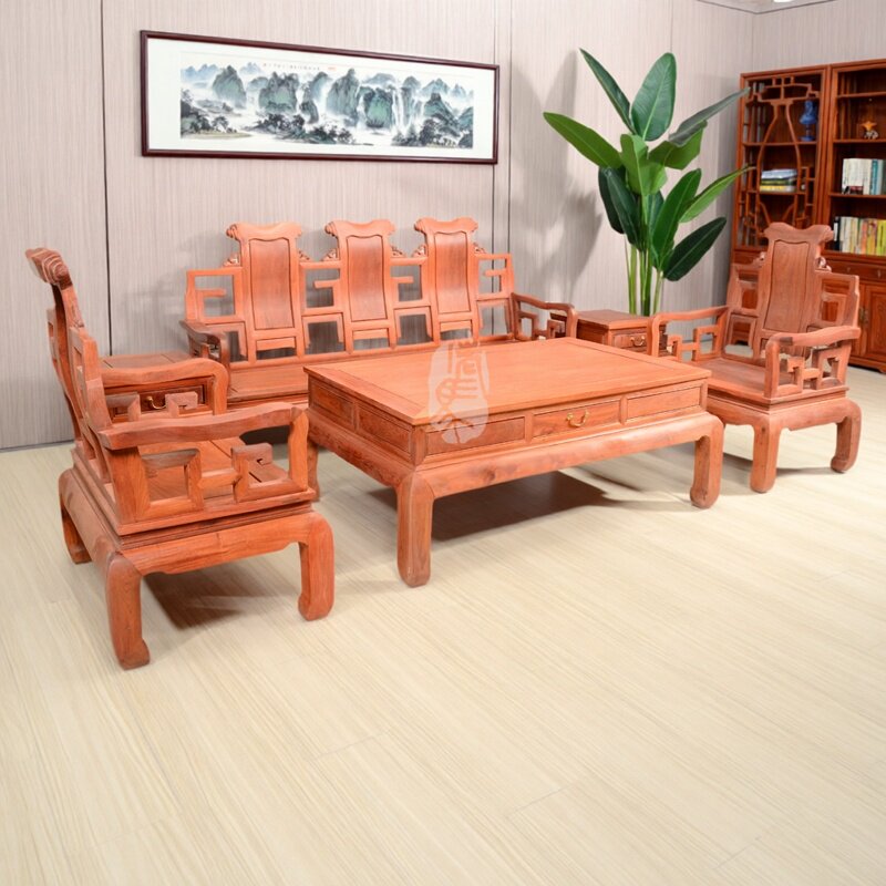 红木家具缅甸花梨素面卷书沙发 大果紫檀 实木沙发 客厅组合