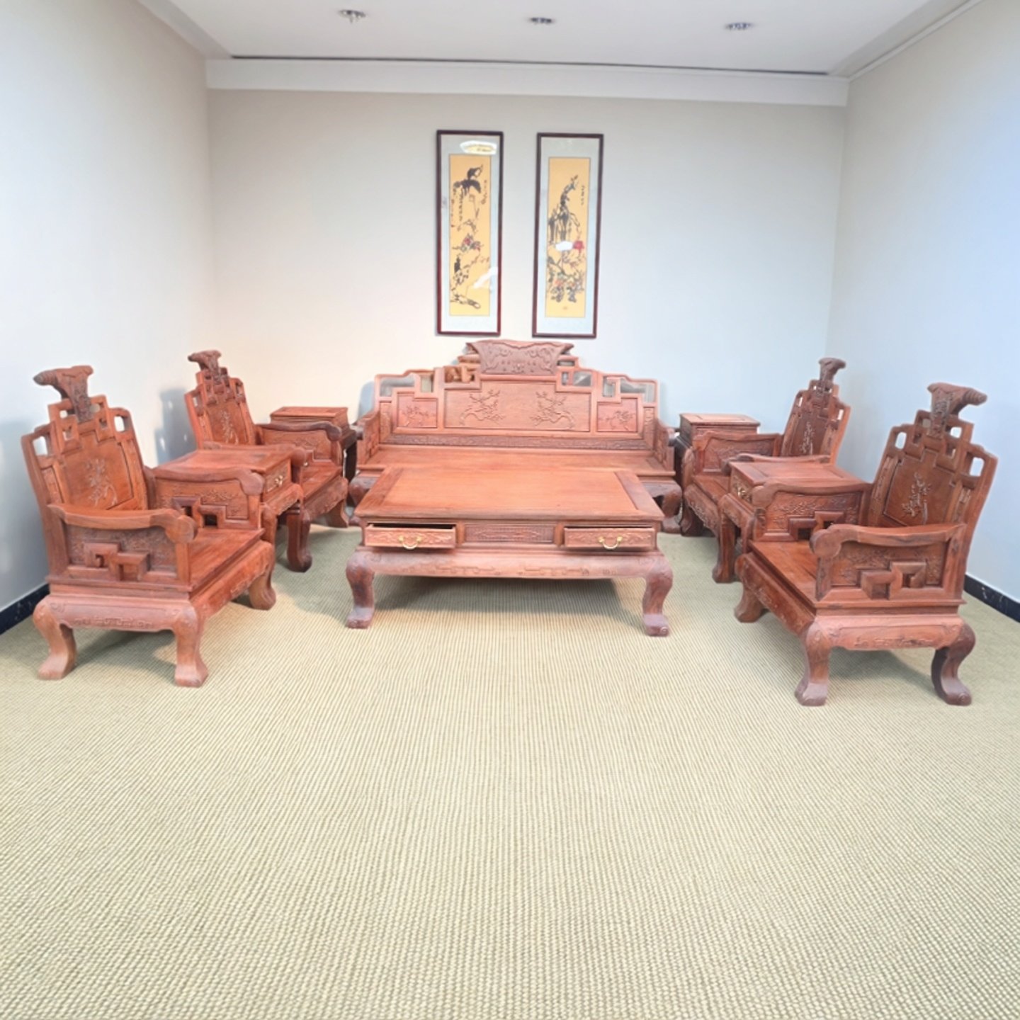 红木家具缅甸花梨木雕花卷书沙发 大果紫檀 实木沙发 客厅组合