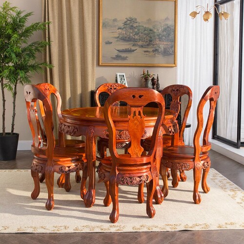 红木家具缅甸花梨木加厚葡萄椅圆餐桌鼓台桌手工雕刻独板饭桌休闲