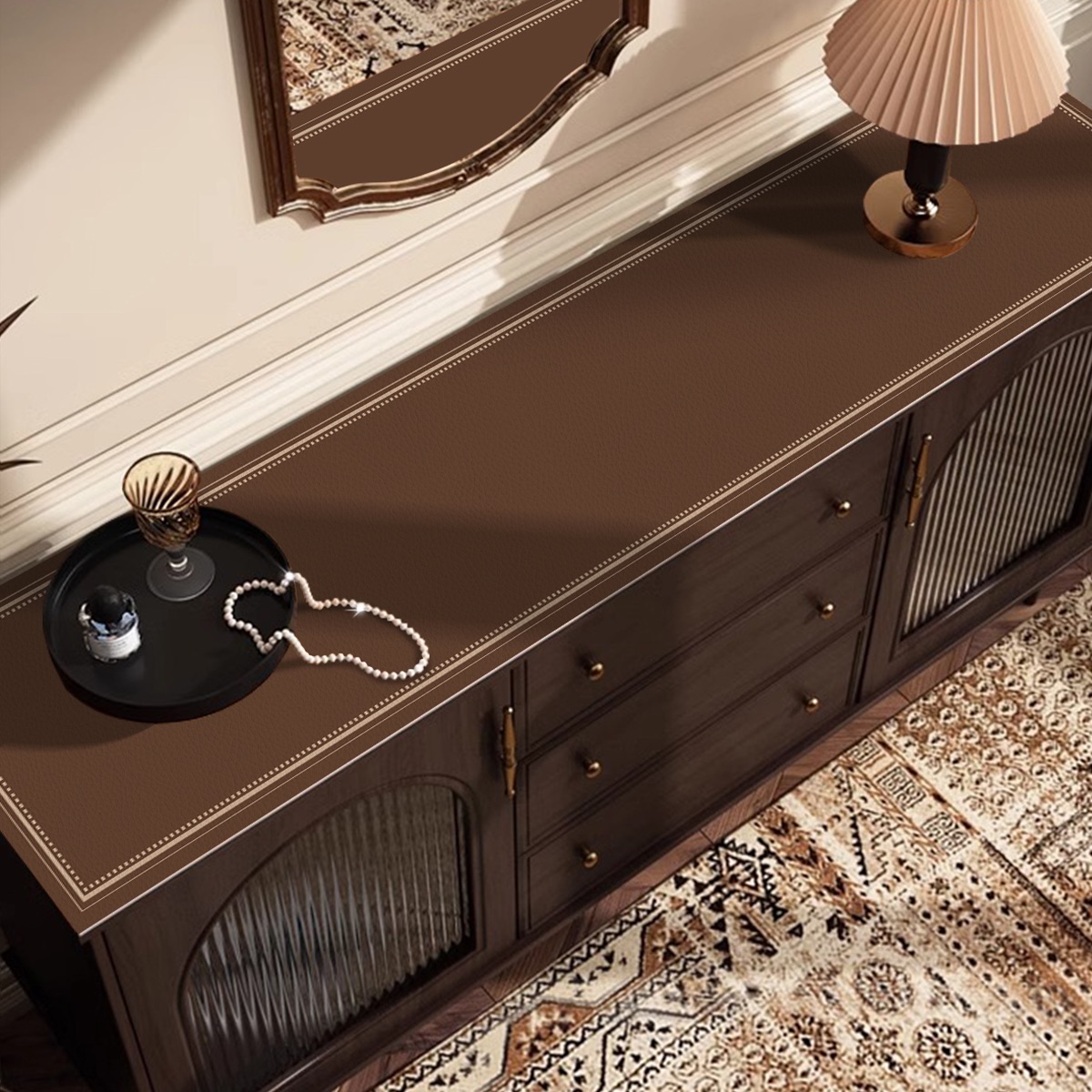 棕色美式复古餐边柜桌垫轻奢高级感防水桌布电视柜台面保护垫台布