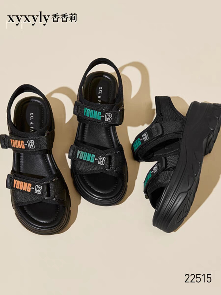 香香莉2023夏新款女鞋露趾魔术贴厚底沙滩鞋休闲学生凉鞋女l22515