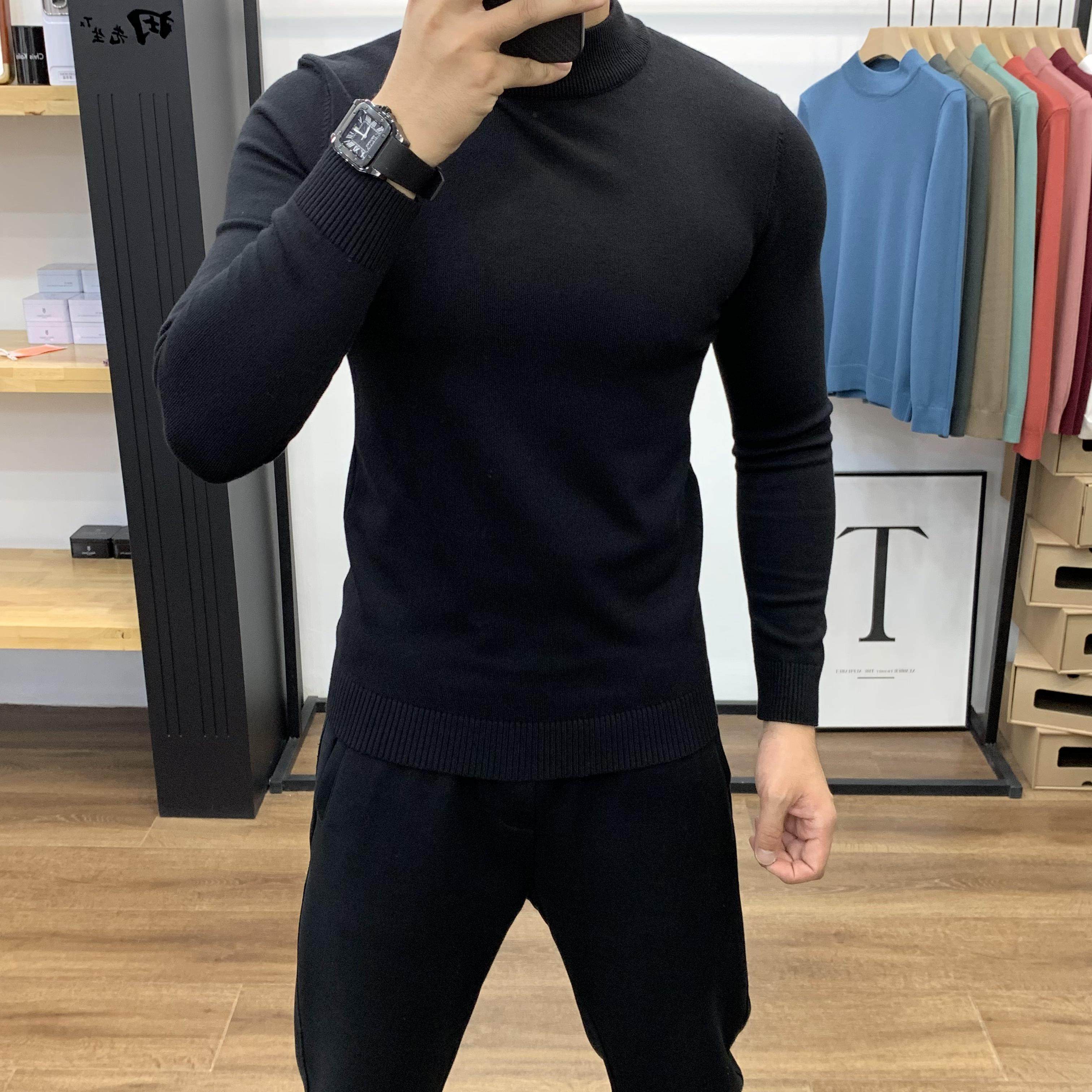 纯色修身半高领男秋冬休闲百搭纯色针织衫套头内搭保暖长袖针织衫