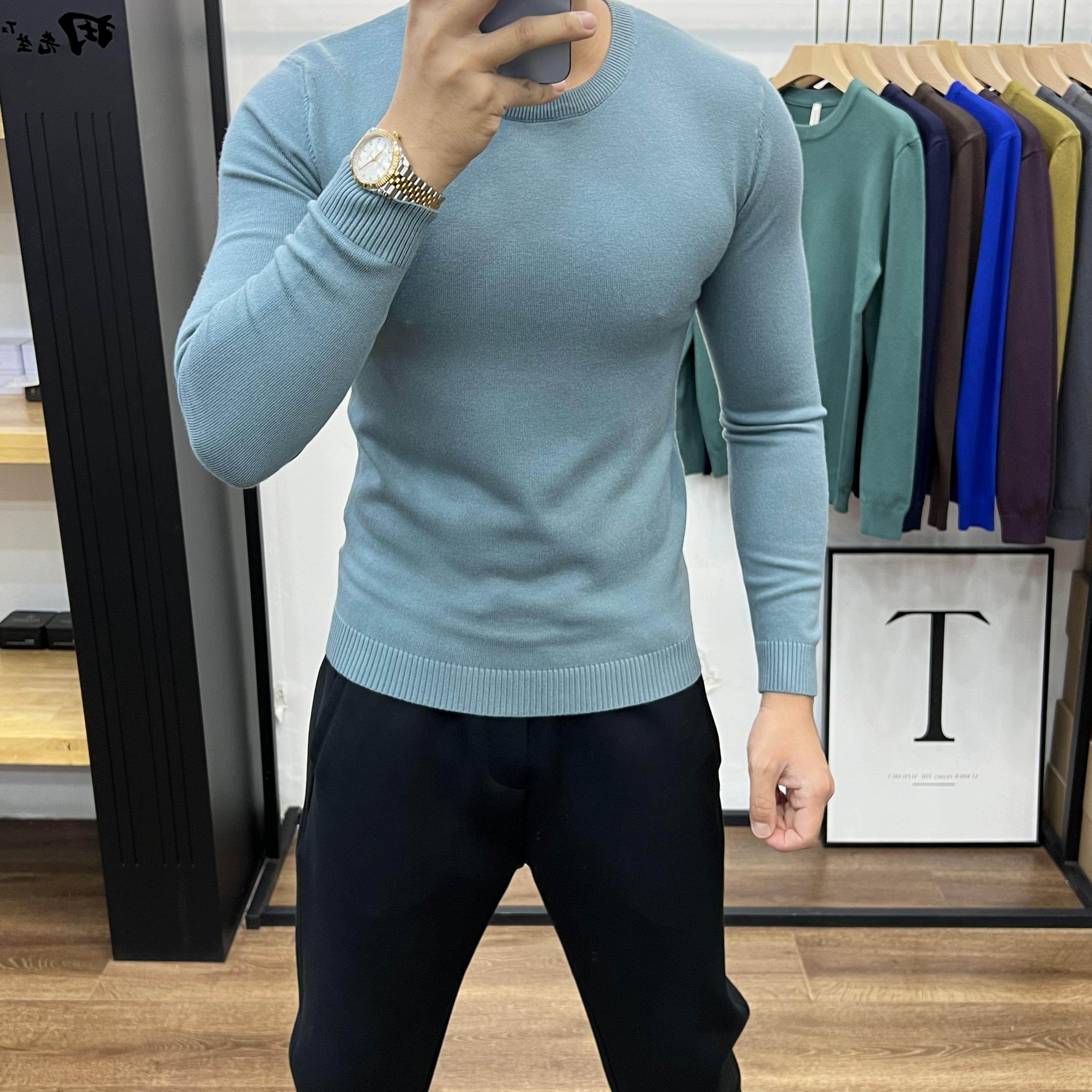 春秋纯色薄款圆领打底针织衫男韩版修身套头毛衣内搭线衫男士上衣