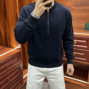 套头卫衣男高级感半拉链痞帅潮流内搭新款 纯色弹力上衣 休闲打底衫
