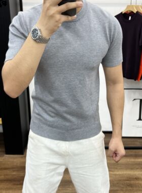 针织衫纯色简约时尚百搭毛衣圆领套头舒适修身潮流男亲肤打底半袖