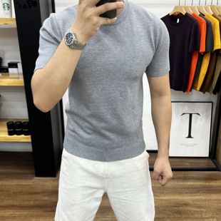 潮流男亲肤打底半袖 百搭毛衣圆领套头舒适修身 纯色简约时尚 针织衫