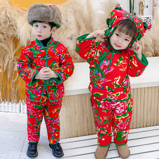 儿童棉服2025新款冬装拜年服男女童棉袄加厚棉衣套装东北大花袄潮