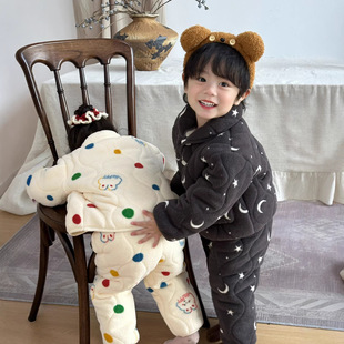 儿童三层夹棉睡衣加绒加厚宝宝中小童软绵绵家居服男女童睡衣套装
