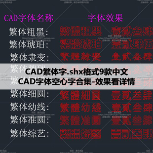 CAD繁体字9款.shx格式空心字体AutoCAD繁体字体线切割广告细圆