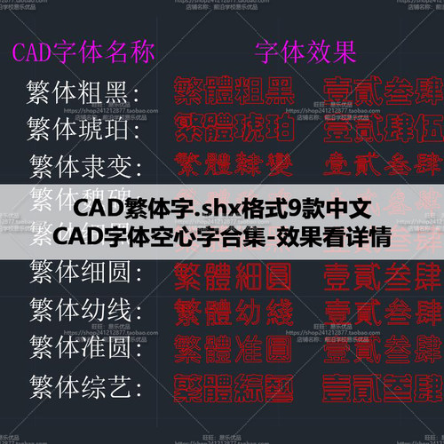 CAD繁体字9款.shx格式空心字体AutoCAD繁体字体线切割广告细圆